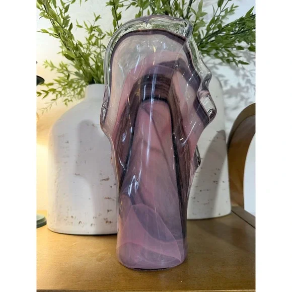 Large Murano Art Glass Vase Pink Swirl MCM Italian Blown Glass Home Decor